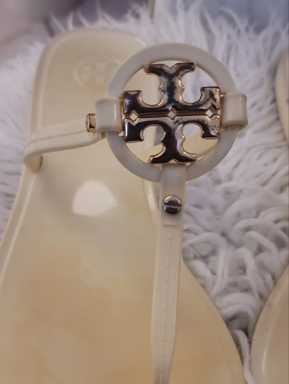 Tory Burch Ivory Logo T-Strap Jelly Sandals with Gold Accent